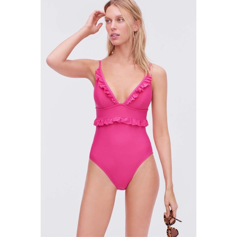 J.Crew Ruffle Plunge One-Piece Radiant Fuchsia Size 14 Beach Vacation Pool NEW